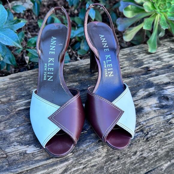 Anne Klein Peep Toe Slingback Brown White Colorblock Italy Heels Women’s Size 6M - Picture 2 of 10